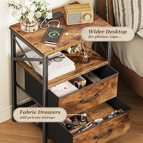 Huuger Nightstands Set of 2, Night Stand with Charger Station, 2 Drawer Side Table with Open Shelf, USB-C Port, End Table for Small Spaces, X Shaped Side Rail, Rustic Brown - color: Rustic Brown