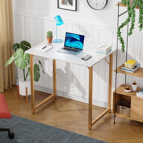 Dkelincs 32 Inch Small Computer Desk Home Office Desk Writing Desk Modern Simple Style Study Work Table with Metal Frame, Easy Assembly, Adjustable Feet, Water-Resistant, Scratchproof Surface, Gold - color: Gold, size: 32 Inch