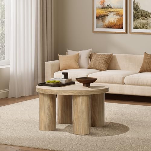 LuxenHome Round Coffee Table with 4 Pillar Legs, 27.5'' Wide Accent Center Table, Modern Farmhouse Oak Finish Wooden Low Cocktail Tea End Table with Sturdy Base for Living Room Home Office - color: Dark Oak-l