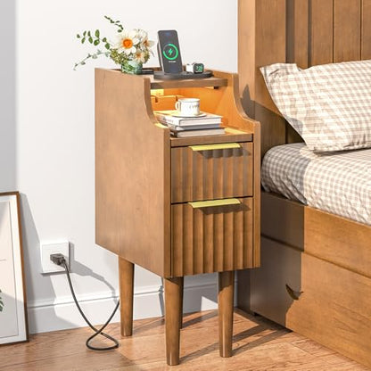 Fluted Narrow Nightstand with Charging Station, Solid Wood Night Stand with 2 Drawers, Walnut Mid Century Modern Led Nightstand, Small Beside Table with Open Storage Shelf for Bedroom （10 inch） - color: Walnut