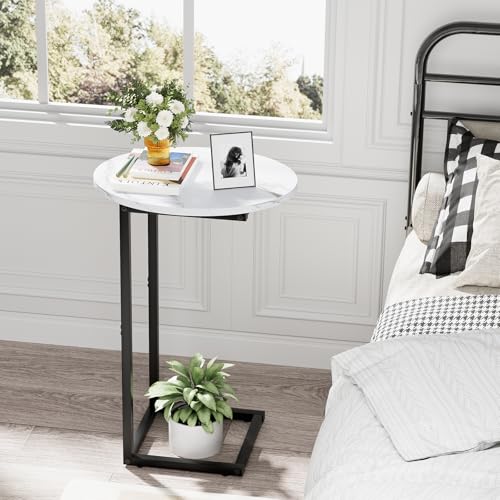 C Shaped End Side Table, Small Oval Couch Sofa Table for Bed, Snack Side Table with Metal Frame, TV Tray Table with White Marble for Small Space, Living Room, Bedroom, Bedside, Black - color: White Marble+black