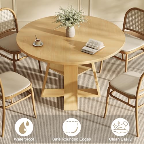47.2" Round Dining Table for 4-6, Circle Kitchen Table with Open Storage Shelf, Farmhouse Dinner Table with Cross Pedestal Base for Dining Room, Kitchen, Living Room, Burlywood - color: Burlywood