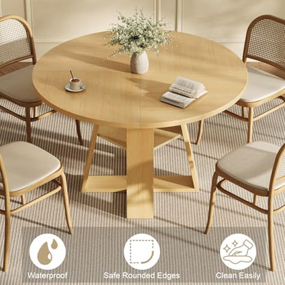 47.2" Round Dining Table for 4-6, Circle Kitchen Table with Open Storage Shelf, Farmhouse Dinner Table with Cross Pedestal Base for Dining Room, Kitchen, Living Room, Burlywood - color: Burlywood