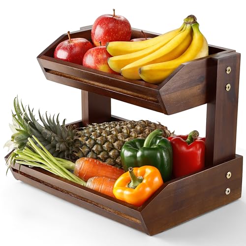 HOLANA Acacia 2 Tier Fruit Basket for Kitchen Counter Organizer – Wooden Fruit Bowl & Wooden Basket for Kitchen Counter Storage, Vegetable Produce Storage & Snack Organizer for Countertop (Walnut) - color: Walnut, size: 2 Tier