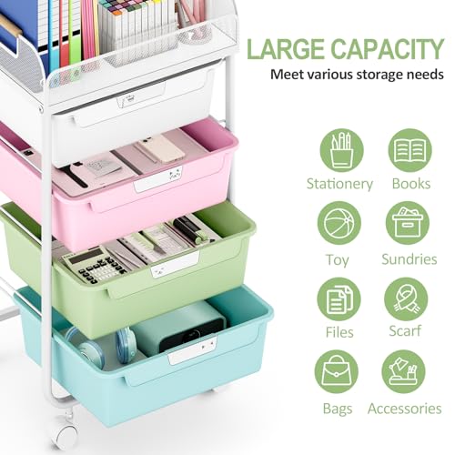 SYKIARIOL 4-Drawer Rolling Storage Cart with Mesh Top, Utility Craft Organizer Cart on Wheels with DIY Labels, Rolling Drawer Cart for Home Office Classroom Bedroom, Colourful - color: Rainbow