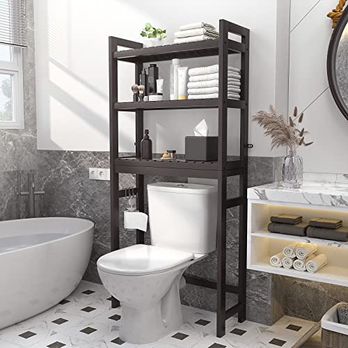 Homykic Over The Toilet Storage, Bamboo 3-Tier Over-The-Toilet Space Saver Organizer Rack, Stable Freestanding Above Toilet Stand with 3 Hooks for Bathroom, Restroom, Laundry, Espresso - color: Espresso