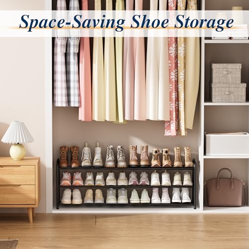 ENJOYBASICS 3 Tier Expandable Shoe Rack for Closet, Free Standing Metal Shoe Shelf Storage Organizer Holder 18 Pairs, Adjustable Width Shoe Rack for Entryway Small Space, Black - size: 3 Tier (6-18 Pairs)