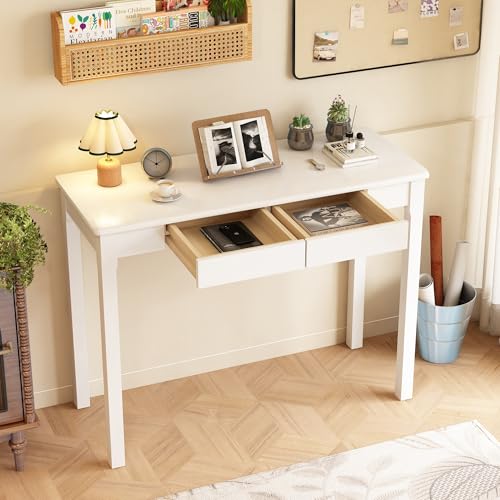 Solid Wooden Desk with Drawers - 39 x 16 Inch Modern Narrow Desks, Rubberwood Simple Study Table, Small Writing Desk for Bedroom|Small Spaces - White Desks - color: White, size: 39.4 in W x 15.7 in D