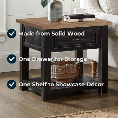 Monterey Farmhouse Rustic End Table, Solid Pine Wood Coastal Side Table with Drawer and Shelf. Black and Driftwood. | Farmhouse Rustic, Coastal Side Table, Drawer and Storage Shelf - color: Black and Driftwood