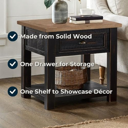 Monterey Farmhouse Rustic End Table, Solid Pine Wood Coastal Side Table with Drawer and Shelf. Black and Driftwood. | Farmhouse Rustic, Coastal Side Table, Drawer and Storage Shelf - color: Black and Driftwood