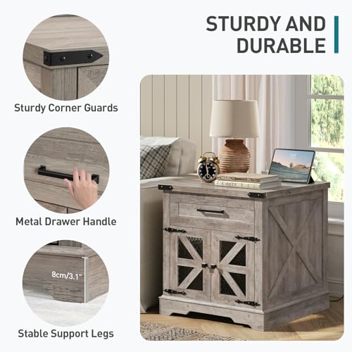 RALGEND Farmhouse End Table with Charging Station, 24" Large Sofa Side Table with Drawer, Large End Table for Living Room, Wooden Nightstand with Outlet, Square, Greige - color: Greige