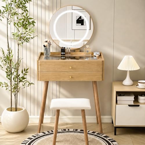 Glass Top Vanity Desk with Mirror and Lights, Small Makeup Table with Cushioned Stool, 2 Drawers Compact Vanity for Small Spaces with 6 Grid Organizer, 3 Lighting Modes, Natural Oak