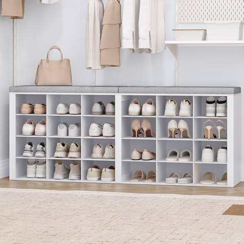 Hzuaneri Shoe Storage Bench with Cushion, Storage Bench with 24 Cubbies | 9.5" Widened Organizer Cabinet, large Cubby Shoe Rack for Living Room, Bedroom, Entryway, Mudroom, White SB32403GY - color: White, size: 11.8"D x 59"W x 23.6"H
