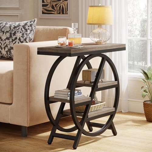 Tribesigns End Table for Living Room, 3-Tier Narrow Side Table with Storage, Wood Sofa Side Table with Geometric Metal Frame, Industrial Nightstand and Bedside Table for Bedroom, Grey - color: Grey