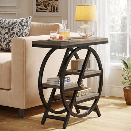Tribesigns End Table for Living Room, 3-Tier Narrow Side Table with Storage, Wood Sofa Side Table with Geometric Metal Frame, Industrial Nightstand and Bedside Table for Bedroom, Grey - color: Grey
