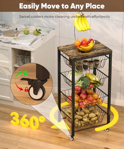 Fruit Vegetable Storage Cart for Kitchen, 5-Tier Vegetable Stand Rack with Pull-Out Fruit Baskets, Rolling Snack Cart with Wood Top & Banana Holder for Pantry, Living Room, Bathroom, Black - style: Black