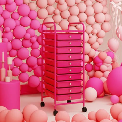 DREAMADE Rolling Cart with Storage Drawers, Utility Cart w/Removable Plastic Drawers, Lockable Wheels, Art Cart for Classroom Organization Art Supplies Office Scrapbook (10 Drawers, Hot Pink) - color: Hot Pink, style: 10 Drawers