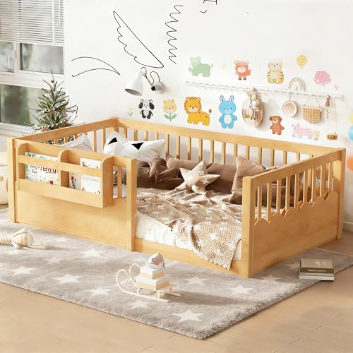 Bellemave Twin Size Kids Floor Bed with Heightened Fence and Bookshelf, Wooden Twin Montessori Bed Frame for Girls Boys, Natural - color: Natural Shelf, size: Twin