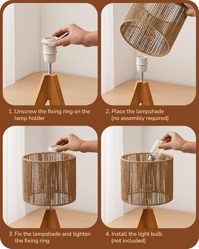 EDISHINE Small Rattan Table Lamp, Wood Tripod Bedside Lamp, Boho Nightstand Lamp for Living Room, End Table, Office, E26 Base, Natural Style - color: Rosewood Color&Vertical Stripe Shade