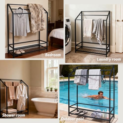 Hjarta Extra Wide 31.5 Inch Standing Towel Rack, Tall 40 Inch Free Standing Towel Rack with Storage Shelf, 3 Tier Towel Stand for Bathroom Outdoor Poolside