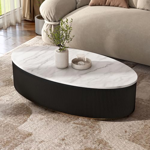 Furniture of America Beryl Modern Oval White Genuine Marble Top Coffee Table with Fluted Pedestal Base and Gold Stainless Steel Accent, Low Profile Table for Living Room, Home Office, Black - size: Coffee table, style: Oval