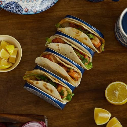 Bico Blue Talavera Ceramic Taco Holder, Taco Stand Rack Tray, Microwave and Dishwasher Safe - color: Blue Talavera
