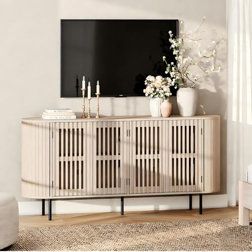 WAMPAT 64.4" Fluted TV Stand, Wood Entertainment Center for TVs Up to 70 inches, Curved Edge Media Console Table with Doors and Shelves for Living Room, Bedroom, Natural - color: Natural
