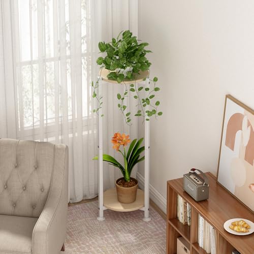 Plant Stand Indoor Corner Tall 2 Tier Metal Modern Flower Storage Plant Shelf Holder for Living Room Balcony Garden,White (2 Tier-White Round)