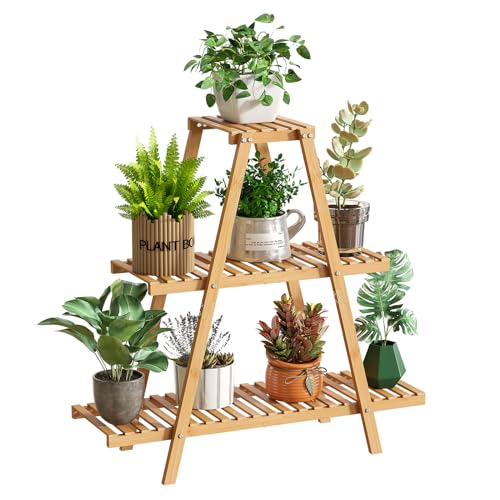 GHWIE Plant Stand Indoor Plant Shelf Outdoor bamboo Plant Rack, 3 Tiers Ladder Plant Holder Flower Stand for Living Room Balcony Garden Patio,Living Room Boho Home Decor for Gardening Gifts (Natural) - color: Natural