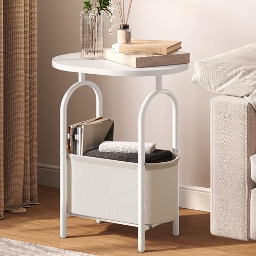 RALGEND Small Round Side Table with Fabric Basket Storage, Oval End Table for Small Spaces, Modern Coffee Bedside Table, Couch Side Table for Living Room, 15.7" X 11.8" X 24", White and Beige 8601BZWT - color: White and Beige