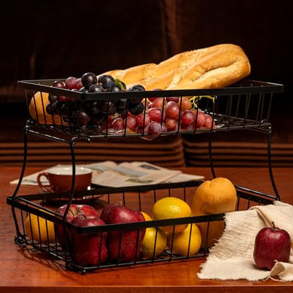 HOSY 2-Tier Metal Fruit Basket, 17-in Rectangle Black Standing Storage Rack | All-Metal, Removable Design, Tool-Free Assembly, Versatile Kitchen Countertop Organizer, Vegetables, Breads, Seasonings - size: 17-inch