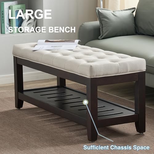 44" Entryway Bench with Shoe Storage, End of Bed Bench, Upholstered Ottoman Storage, 500 LBS Capacity for Entryway, Living Room, Hallway - color: White-1