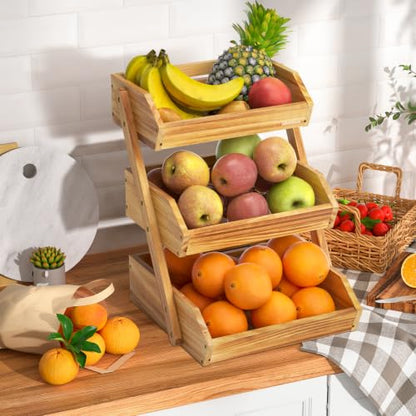 G.a HOMEFAVOR Wooden 3 Tier Fruit Basket, Brown, Pine Wood, Sturdy, Self-assembly - color: Pine Wood, size: 3-Tier