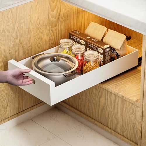 HBL' 1 Pack | 21" Deep Pull Out Cabinet Organizer Adhesive, 10-Inch Wide Sturdy Carbon Steel Roll-Out Drawers, Designed for Frameless Cabinets, Slide-Out Shelves for Pantry. - size: 21"D x 10.0"W x 3.1"H