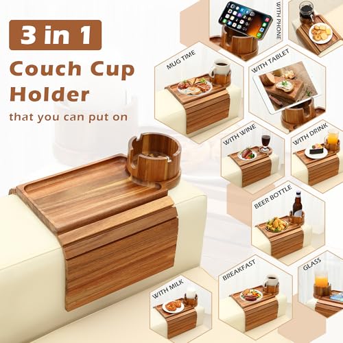 GHKINMAL Couch Cup Holder Tray, Acacia Wood Couch Armrest Table with 360° Ratated Phone Holder, 18.99" Flodable Anti-Slip Sofa Armrest Tray Tables for Snacks Remote Storage - color: Acacia Wood