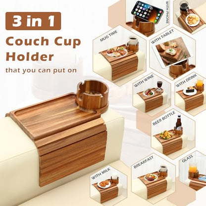 GHKINMAL Couch Cup Holder Tray, Acacia Wood Couch Armrest Table with 360° Ratated Phone Holder, 18.99" Flodable Anti-Slip Sofa Armrest Tray Tables for Snacks Remote Storage - color: Acacia Wood
