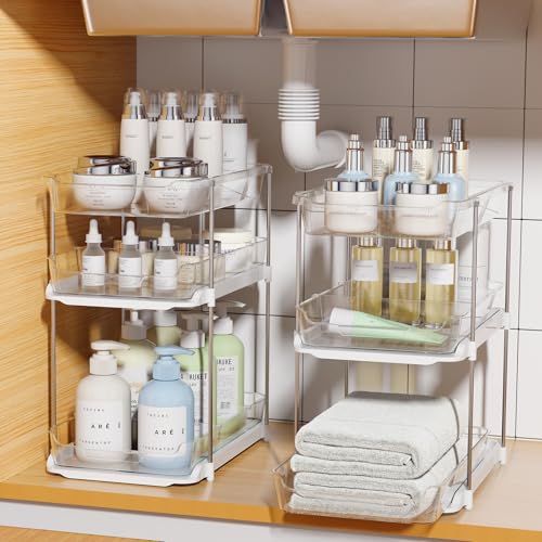 Delamu 2 Sets of 3-Tier Bathroom Under Sink Organizers and Storage, Multi-Purpose Stackable Pantry Organization and Storage, Pull Out Clear Kitchen Bathroom Cabinet Organizer with Movable Dividers | Storage - color: White, size: 2 Pack 3-Tier