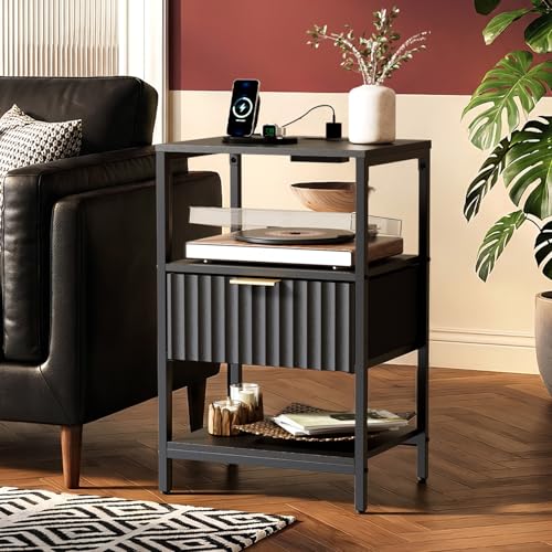 VINGLI Nightstands Set of 2 with Charging Station and Fabric Drawer, Fluted Nightstand/Bed Side Table/End Table for Bedroom, Black Night Stand Small, Bedside Table with Charging Station, 2 pcs - color: Black, size: 15"W-1 Drawer 2 Shelf