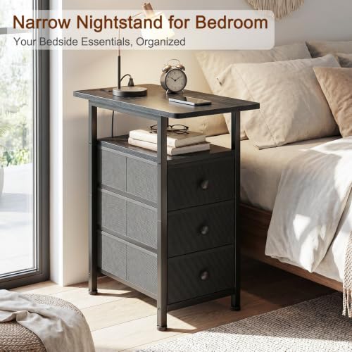 AMHANCIBLE End Tables Living Room with Charging Station, Narrow Side Table with USB Ports and Outlets, Slim Nightstand with 3 Fabric Drawers for Bedroom, Small Space, Black, HETN013BK-1 - color: Black, style: Power