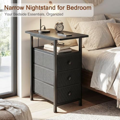 AMHANCIBLE End Tables Living Room with Charging Station, Narrow Side Table with USB Ports and Outlets, Slim Nightstand with 3 Fabric Drawers for Bedroom, Small Space, Black, HETN013BK-1 - color: Black, style: Power