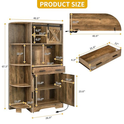 DWVO 67.3" Farmhouse Pantry with Power Outlet & Barn Door, Rustic Brown | Baker Rack Hutch Buffet Sideboard with Drawer, Microwave Stand for Dining Room - color: Rustic Brown