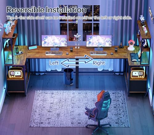 HOOBRO L Shaped Gaming Desk, 46 Inch Reversible Computer Desk with LED Light & Power Outlet, Office Desk with Storage Shelves & Drawer, for Home Office, Study, Rustic Brown and Black BF18UDDN01