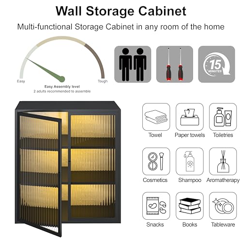 3-Tier Bathroom Wall Cabinet with 2 LED Light | Metal Medicine Cabinet with Glass Doors, Laundry Room Cabinets Storage, Black Over Toilet Modern Storage Cabinet for Bathroom - style: Full Glass Door Black