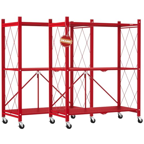 DEANIC 3 Tier Foldable Storage Shelves with Wheels, Kitchen Appliance Stand, Freestanding Metal Wire Shelf Rack, No Assembly Organizer Rolling Cart for Garage, Basement, Pantry(Red Pack of 2) - color: Red
