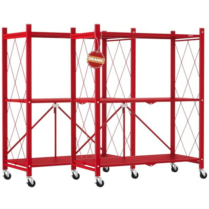 DEANIC 3 Tier Foldable Storage Shelves with Wheels, Kitchen Appliance Stand, Freestanding Metal Wire Shelf Rack, No Assembly Organizer Rolling Cart for Garage, Basement, Pantry(Red Pack of 2) - color: Red