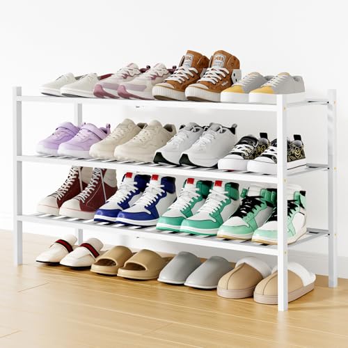 Smiry Bamboo Shoe Rack, 12 Vertical Slats, 3 Tier - 33.7" Wide, White | Stackable Free Standing Wooden Shoe Organizer, Wood Shoe Storage Shelf for Closet, Entryway - color: White, size: 33.66" Wide - 3 Tier - Regular
