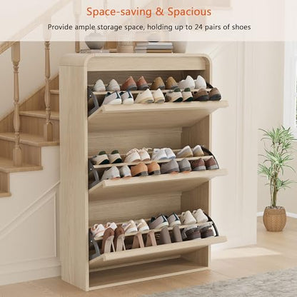 Garvee Shoe Cabinet with 3 Flip Drawers, Modern Narrow Shoe Storage Cabinet Organizer with Adjustable Shelf, 46" Tall Hidden Freestanding Shoe Rack Cabinet for Entryway, Hallway, Natural Oak - color: Natural Oak