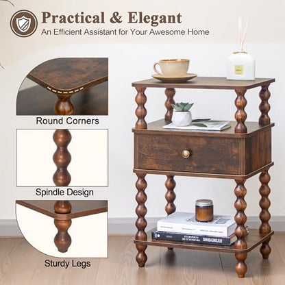 AWASEN Night Stand, Bed Side Table Bedroom with Drawer, 3-Tier Small Nightstand End Table with Storage for Small Spaces &Solid Wood Spindle Legs, Rustic Brown - color: Rustic Brown