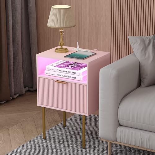 JOONEE Modern Nightstand with Charging Station and LED Lights, White Bedside Table with Drawer, Fluted Side Table for Living Room, Bedroom - color: Pink