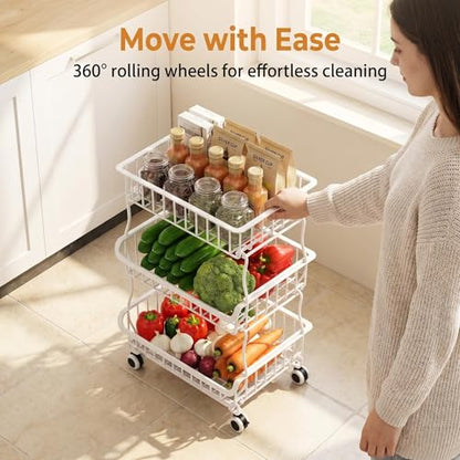 3-Tier Rolling Pantry Floor Organizer and Storage Cart with Lockable Wheels, Heavy-Duty Stackable Wire Baskets, Multi-Purpose Kitchen Storage Rack for Fruits, Snacks, Onions, Potatoes & Pantry Shelves